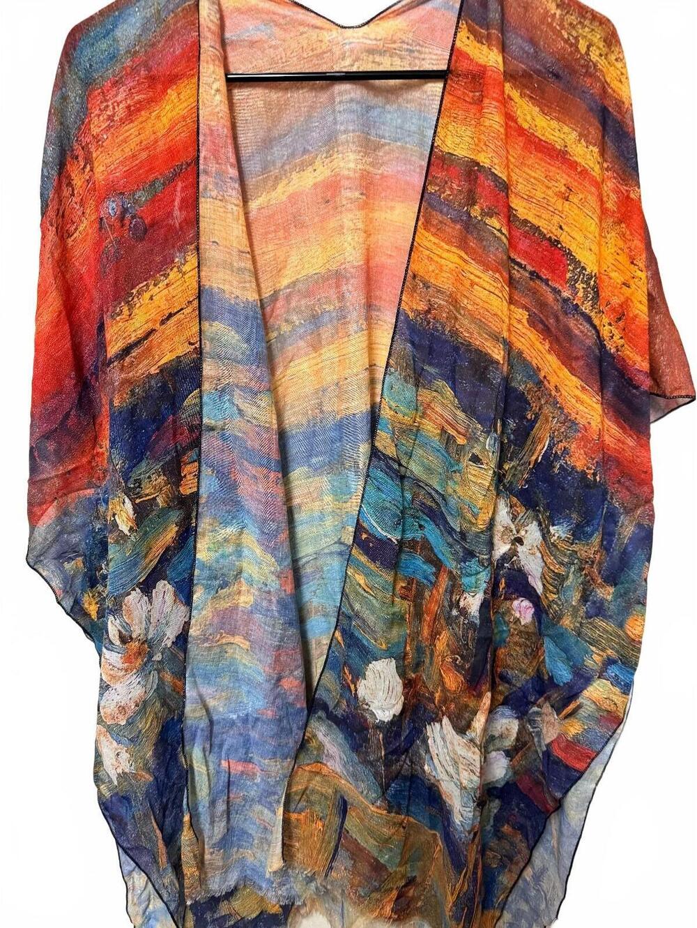 Very Moda Abstract Floral Art Print Sheer Kimono Cardigan Multicolor